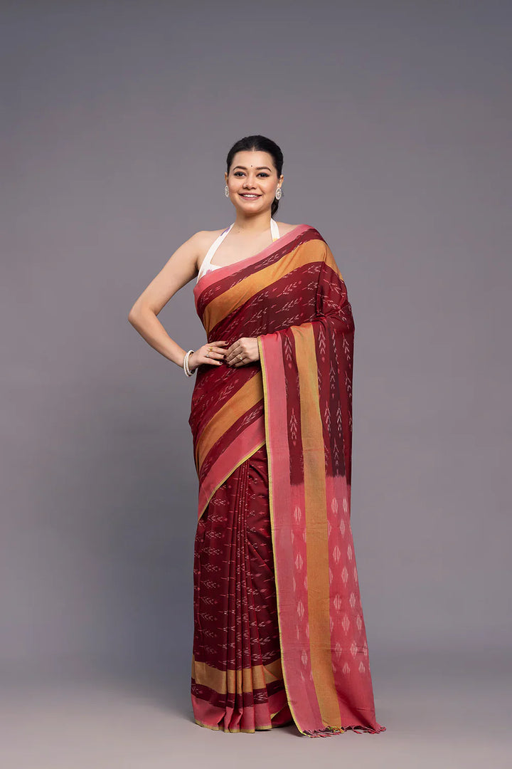 Handloom Brick Red Cotton Silk Ikkat Woven Saree | SHOBITAM