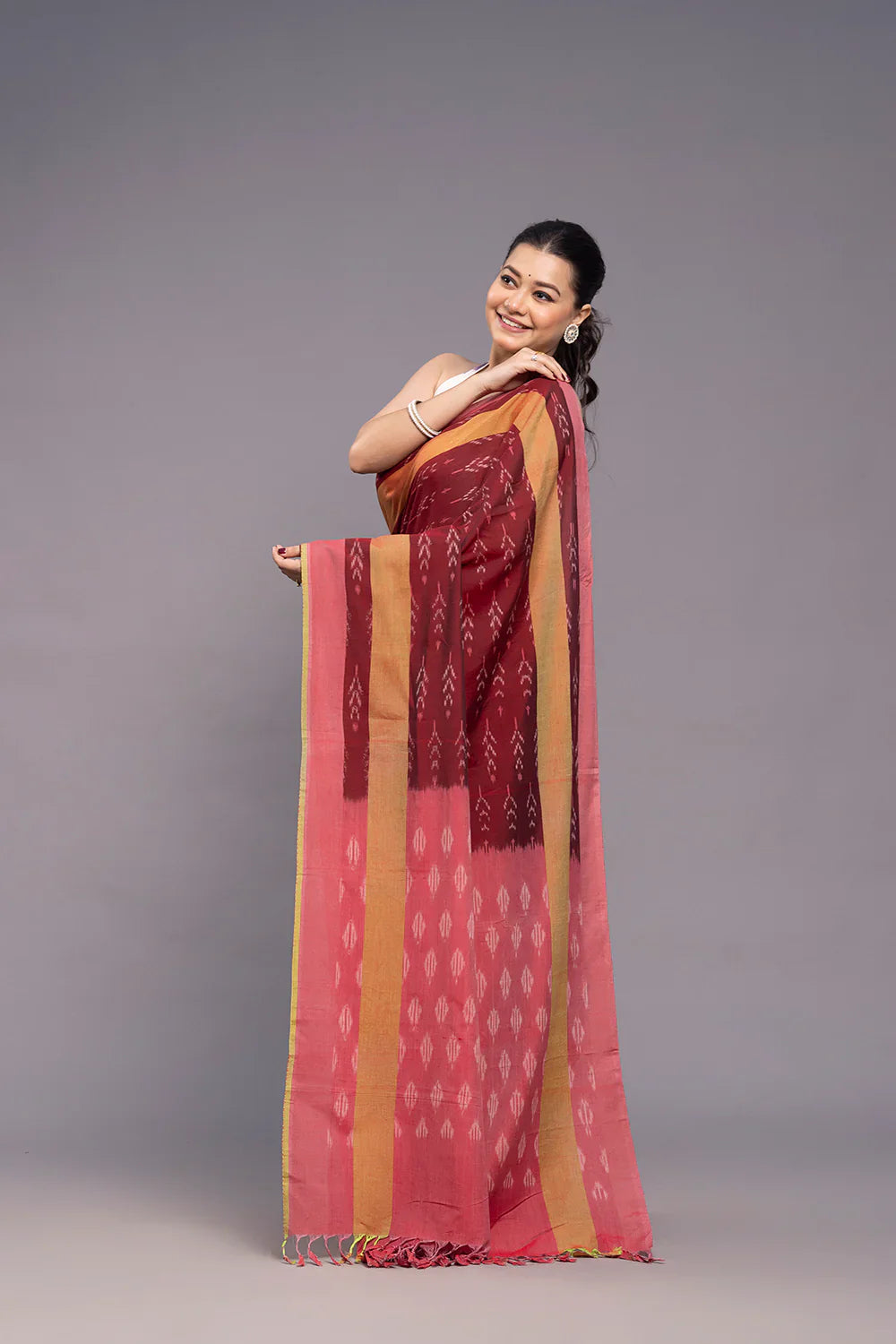 Handloom Brick Red Cotton Silk Ikkat Woven Saree | SHOBITAM