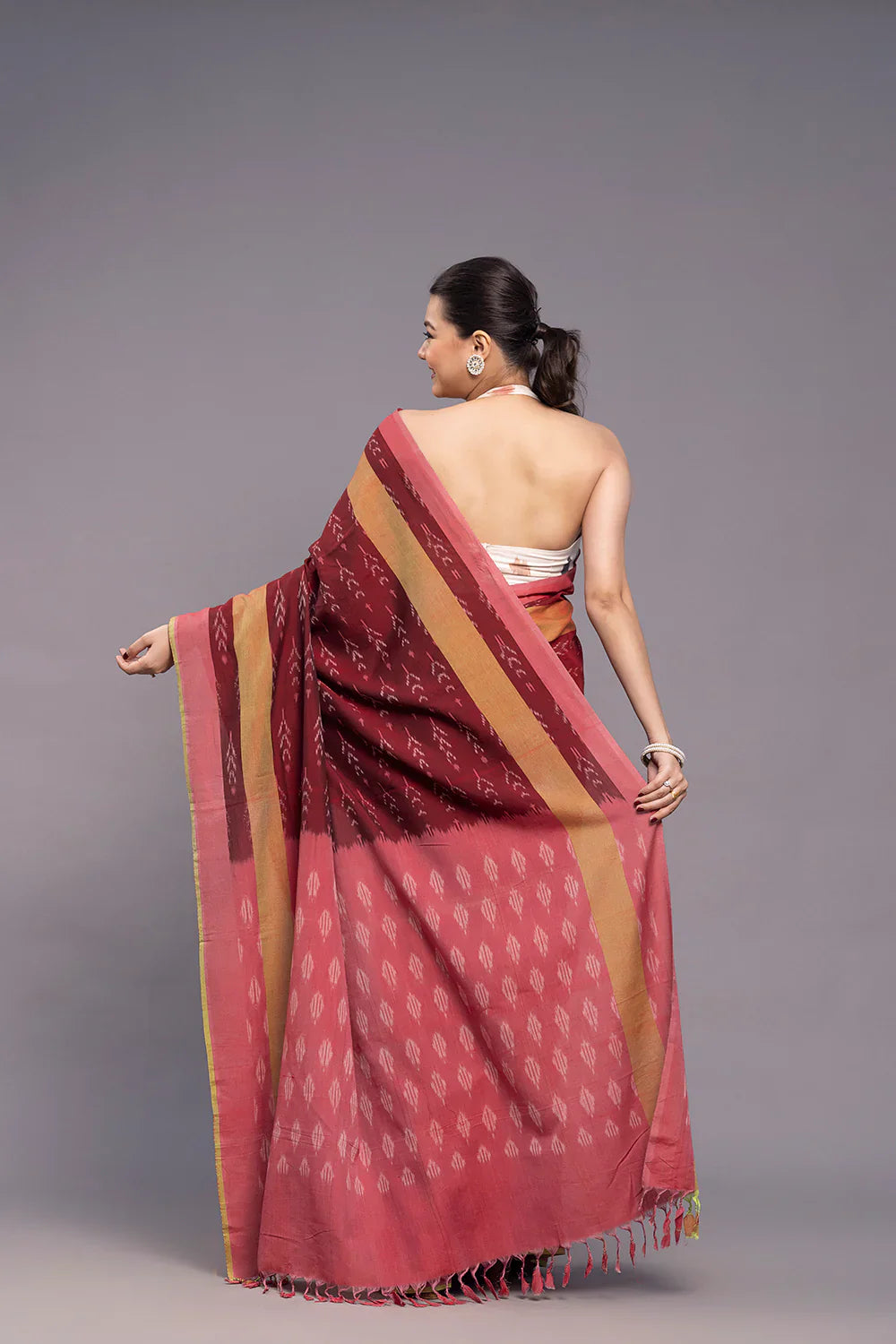 Handloom Brick Red Cotton Silk Ikkat Woven Saree | SHOBITAM