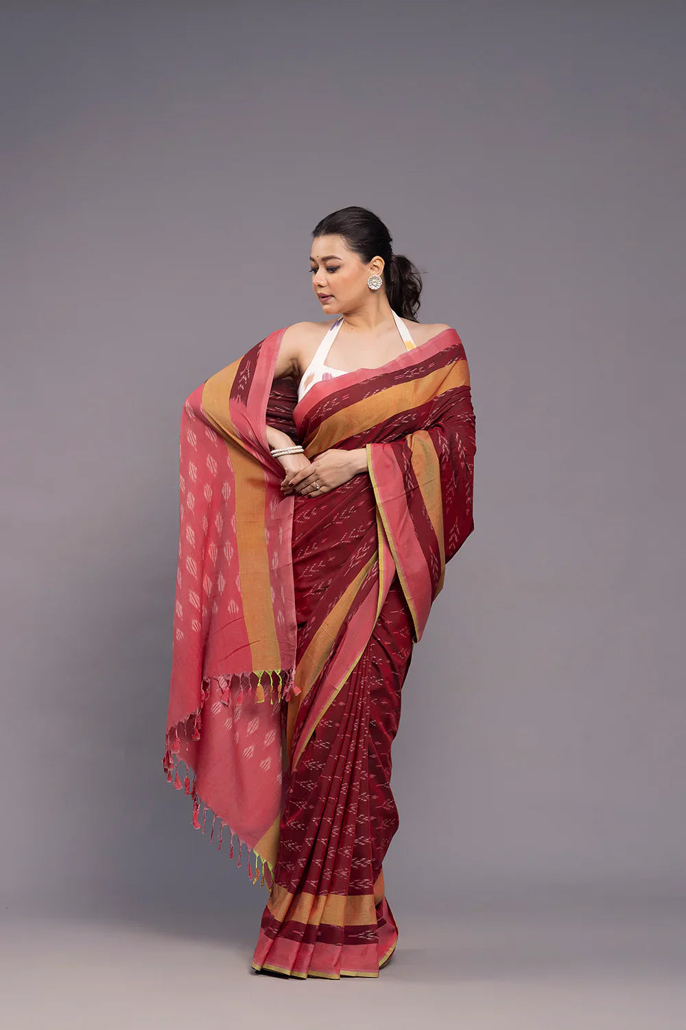 Handloom Brick Red Cotton Silk Ikkat Woven Saree | SHOBITAM