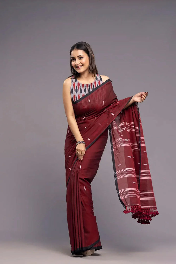 Handloom Wine Mulmul Jamdani Saree | SHOBITAM