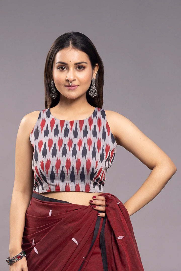 Red & Blue Pure Cotton Ikkat Blouse | SHOBITAM