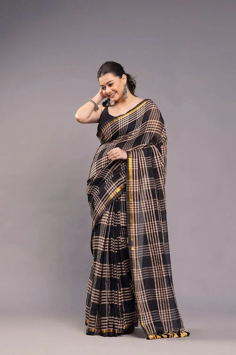 Handloom Black and Grey Check Mulmul Saree | SHOBITAM