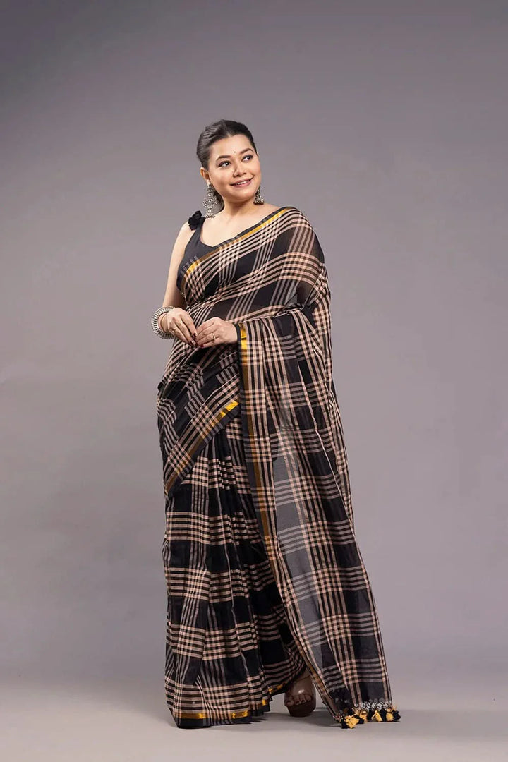 Handloom Black and Grey Check Mulmul Saree | SHOBITAM