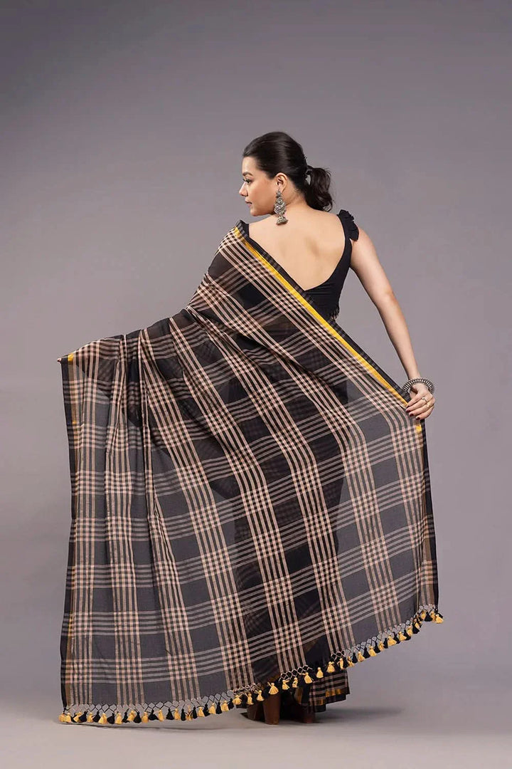 Handloom Black and Grey Check Mulmul Saree | SHOBITAM