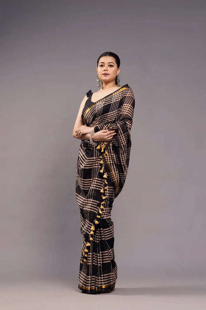 Handloom Black and Grey Check Mulmul Saree | SHOBITAM