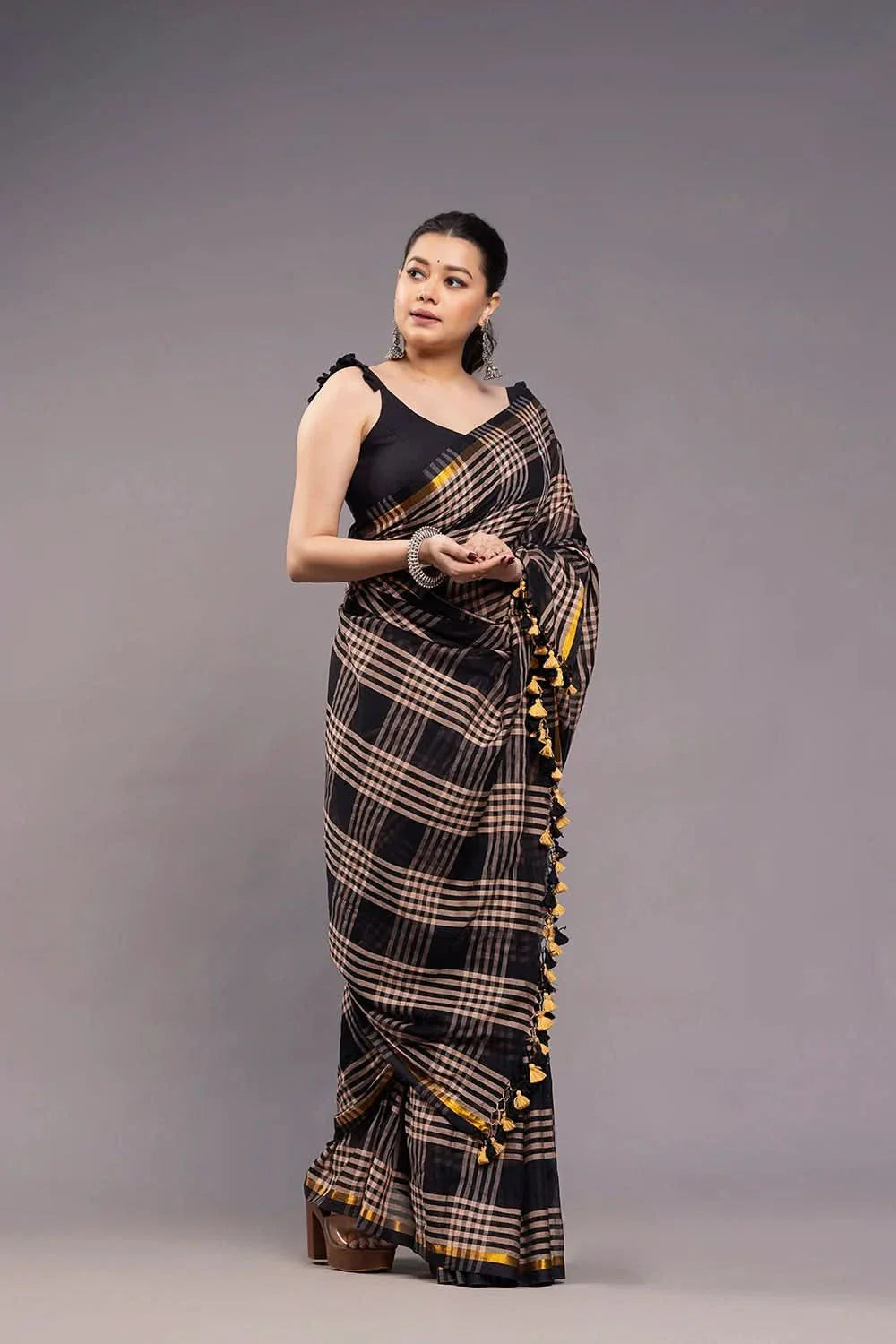 Handloom Black and Grey Check Mulmul Saree | SHOBITAM
