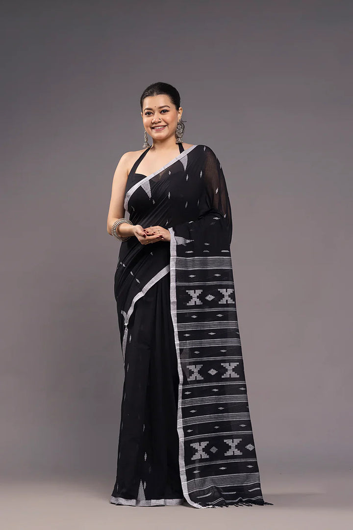 Handloom Black Soft Cotton Jamdani Saree | SHOBITAM