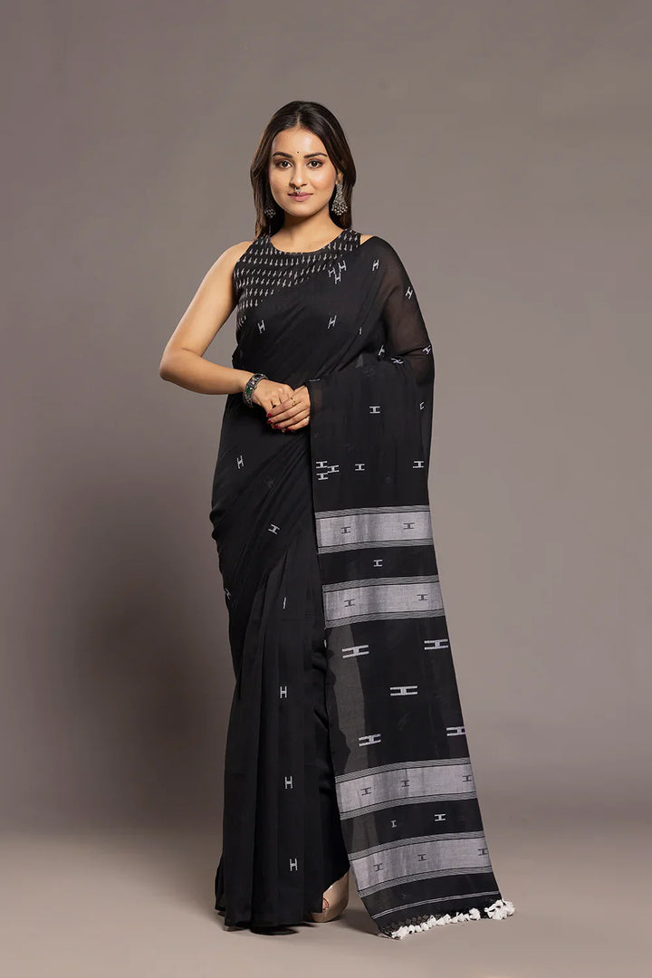 Handloom Black & White Soft Cotton Jamdani Saree | SHOBITAM