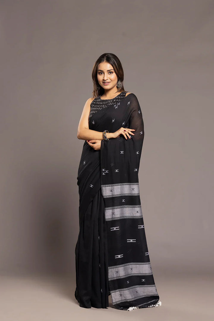 Handloom Black & White Soft Cotton Jamdani Saree | SHOBITAM