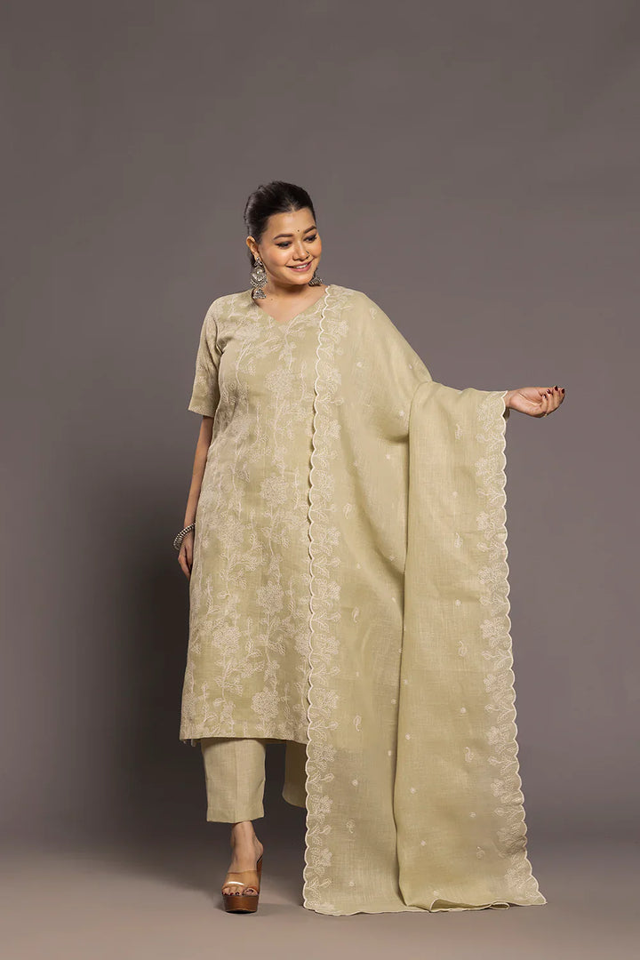 Green Essence Linen Emnbriodered Kurta Set With Dupatta | SHOBITAM