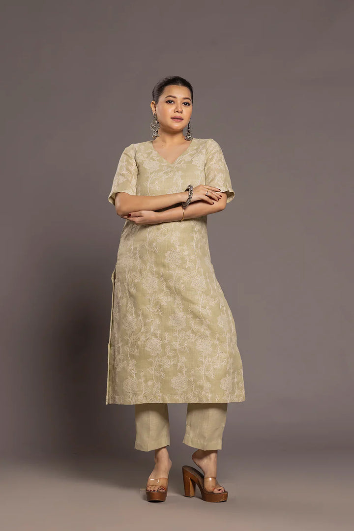 Green Essence Linen Emnbriodered Kurta Set With Dupatta | SHOBITAM
