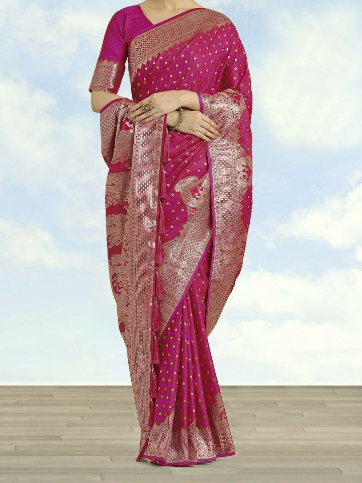 Rani Pink Woven Banarasi Satin Silk Saree | SHOBITAM