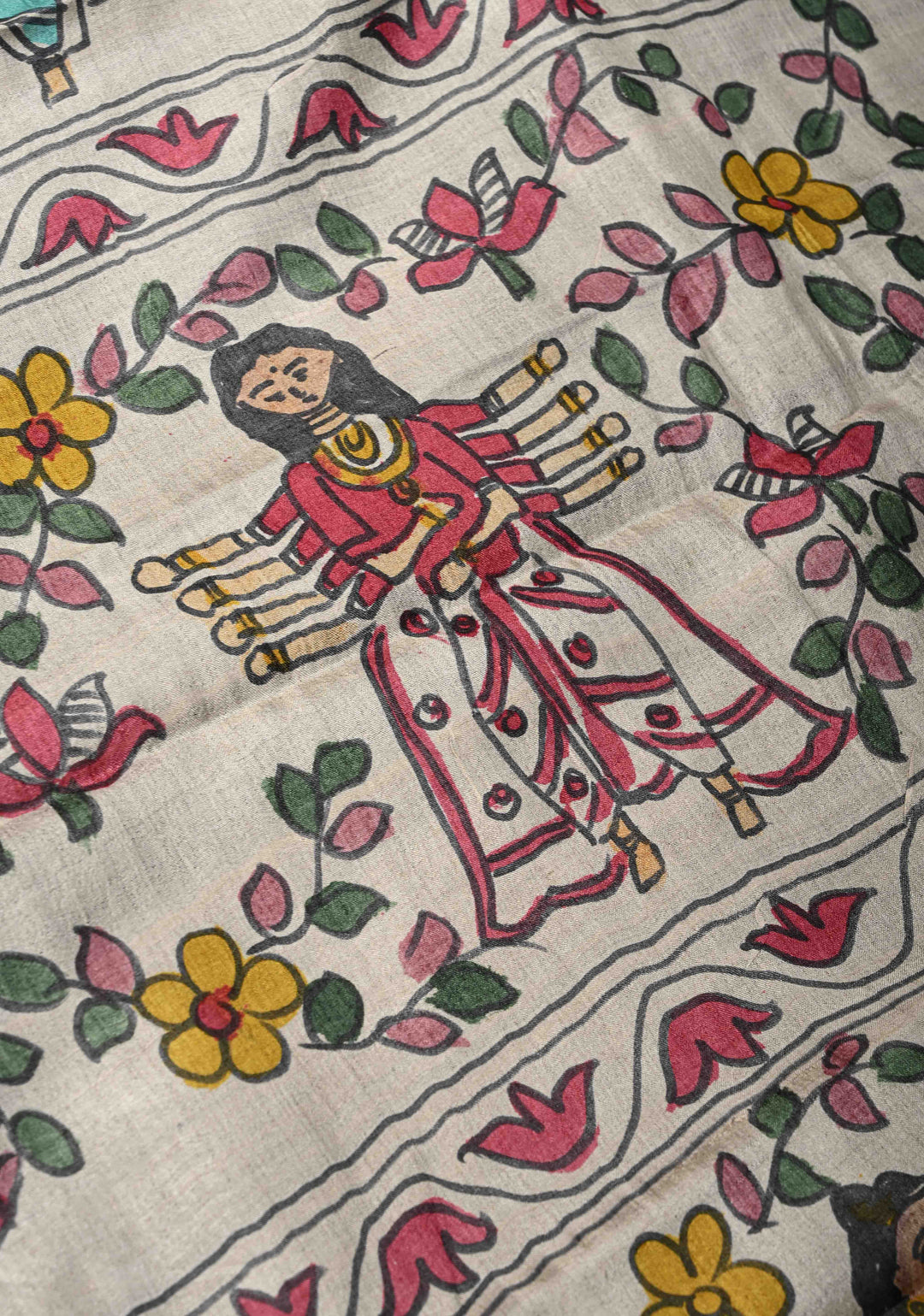 Olive Green Tussar Silk saree with Madhubani Handpainted | SILK MARK CERTIFIED