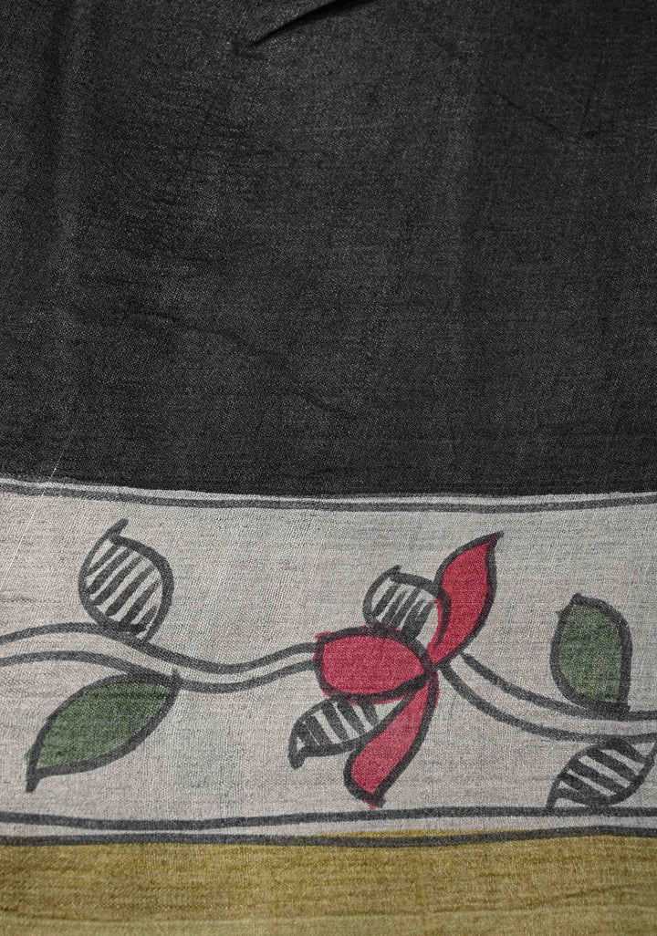 Olive Green Tussar Silk saree with Madhubani Handpainted | SILK MARK CERTIFIED