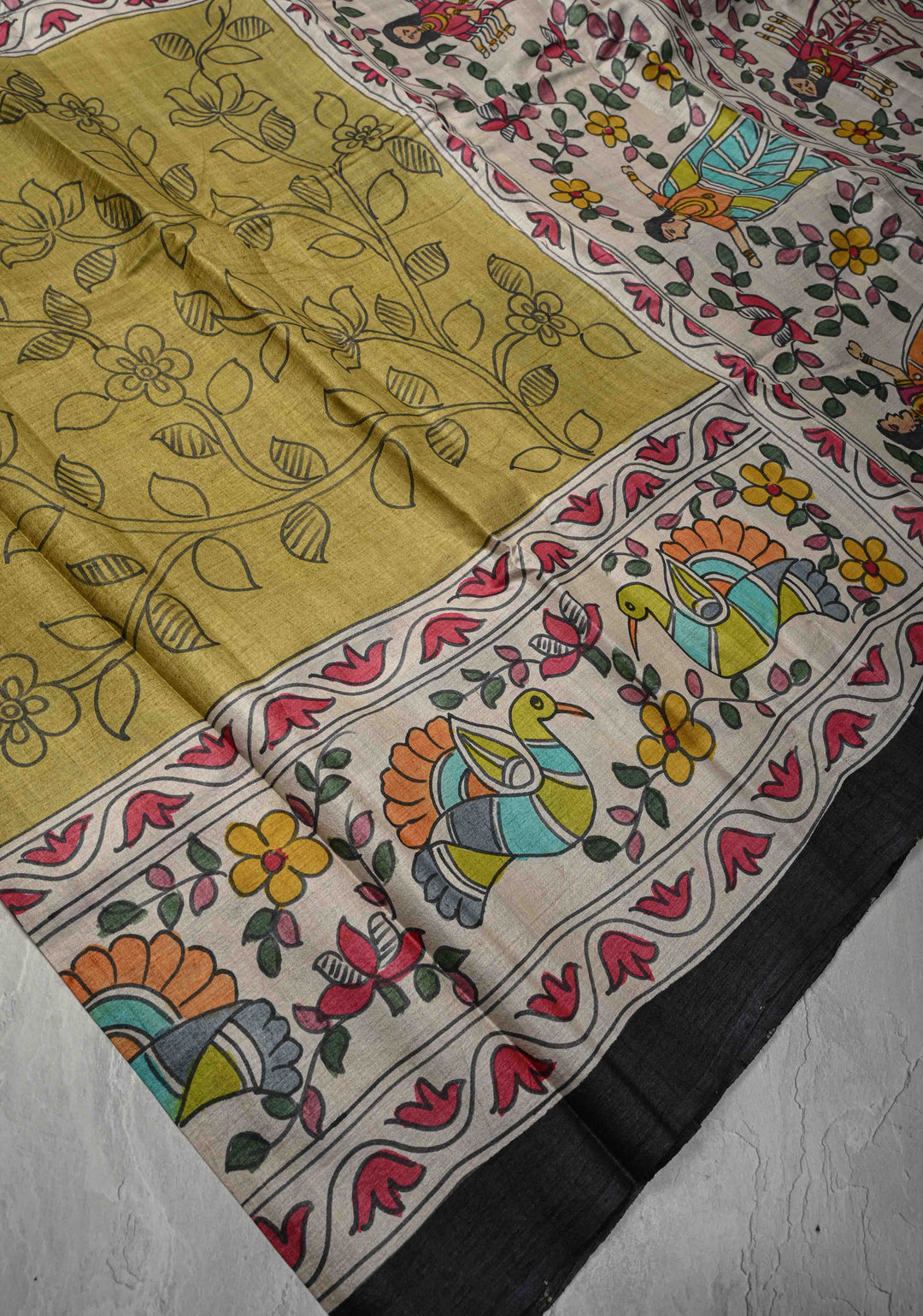 Olive Green Tussar Silk saree with Madhubani Handpainted | SILK MARK CERTIFIED