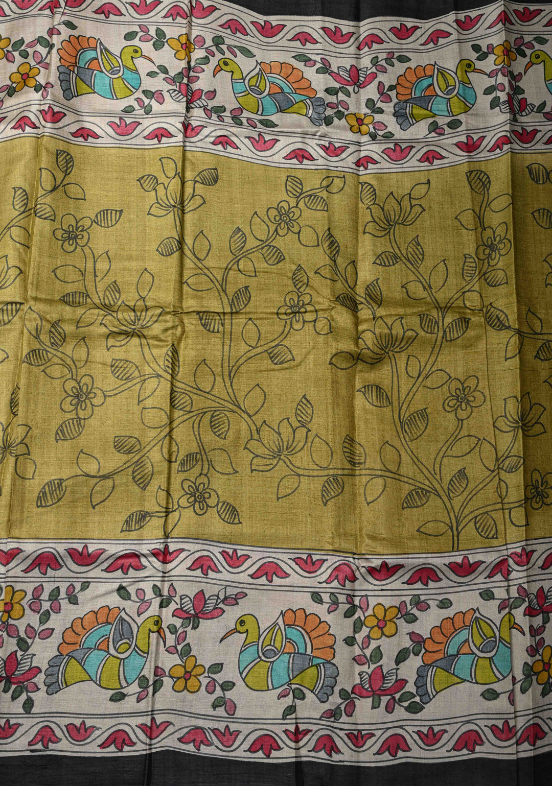 Olive Green Tussar Silk saree with Madhubani Handpainted | SILK MARK CERTIFIED
