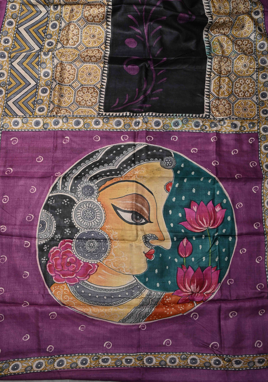 Black Jari Tussar Silk saree with Ajrakh Handblock Print and Sita Face Handpainting motifs on Pallu | SILK MARK CERTIFIED