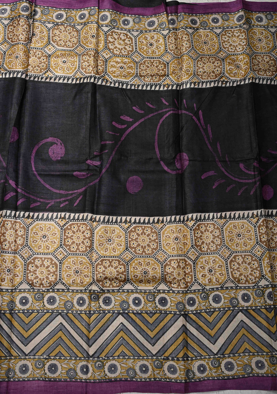 Black Jari Tussar Silk saree with Ajrakh Handblock Print and Sita Face Handpainting motifs on Pallu | SILK MARK CERTIFIED