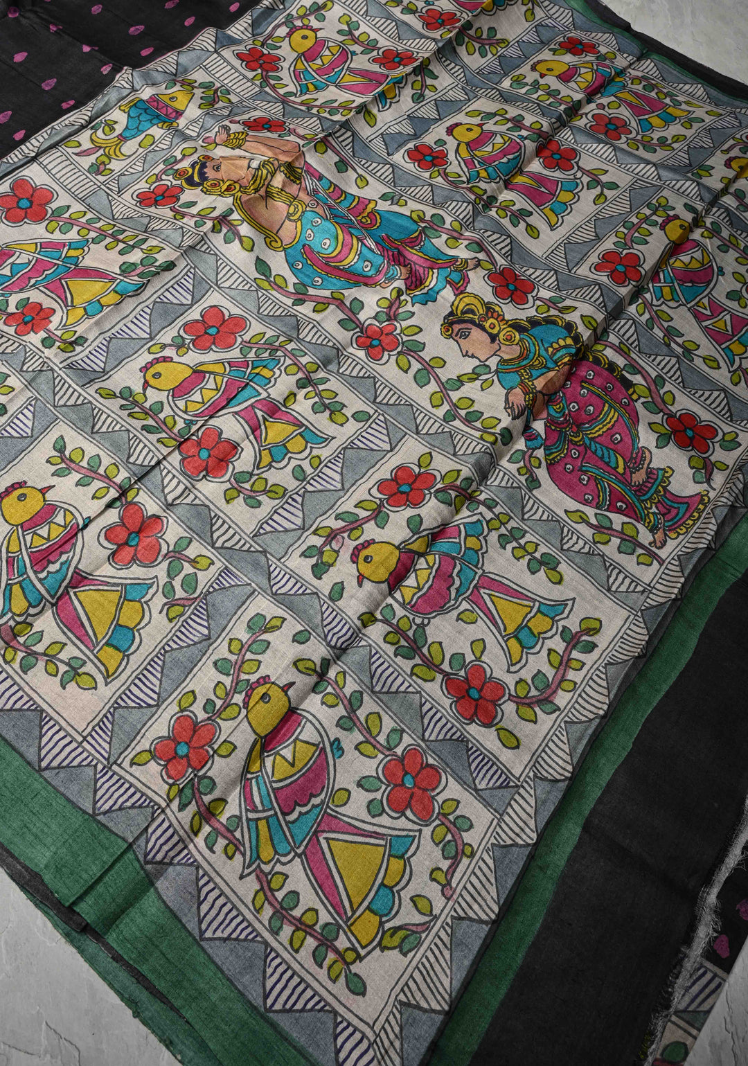 Black Lightweight Tussar Silk saree with Kalamkari Style  Hand painted | SILK MARK CERTIFIED
