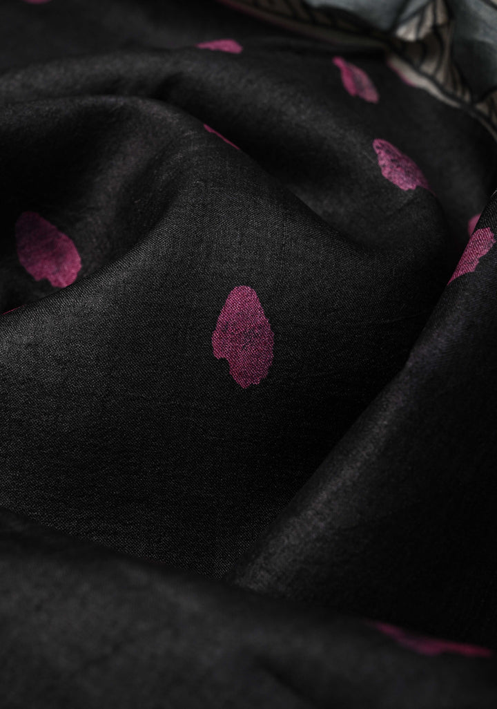 Black Lightweight Tussar Silk saree with Kalamkari Style  Hand painted | SILK MARK CERTIFIED