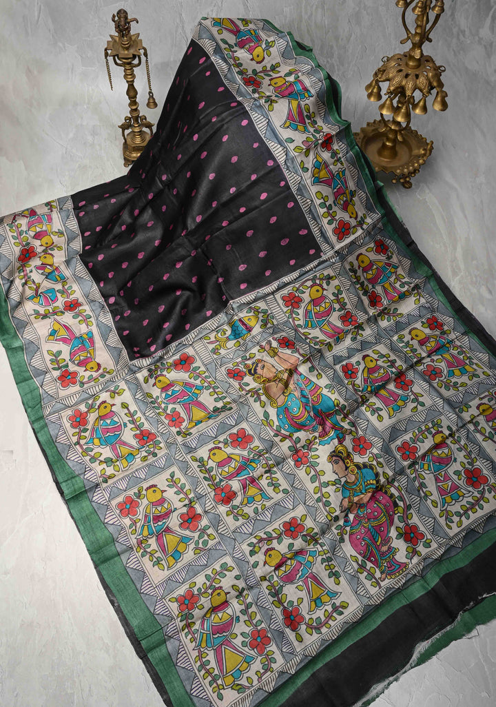 Black Lightweight Tussar Silk saree with Kalamkari Style  Hand painted | SILK MARK CERTIFIED