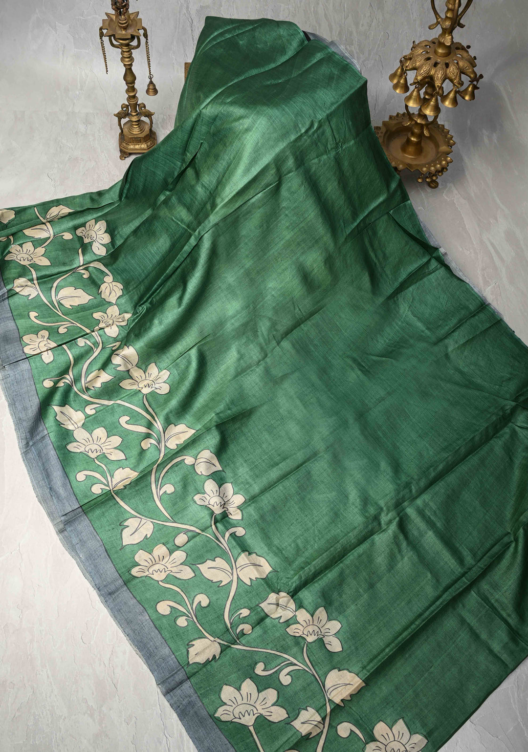 Green Tussar Silk saree with Kalamkari Digital Print and Green Pallu | SILK MARK CERTIFIED