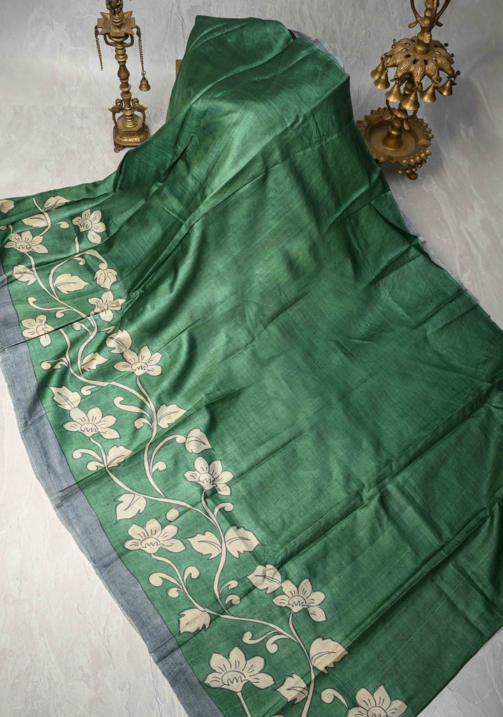 Green Tussar Silk saree with Kalamkari Digital Print and Green Pallu | SILK MARK CERTIFIED