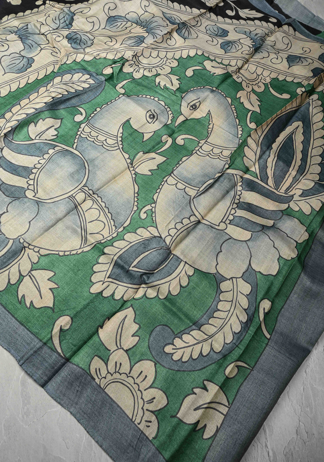 Green Tussar Silk saree with Kalamkari Digital Print and Green Pallu | SILK MARK CERTIFIED