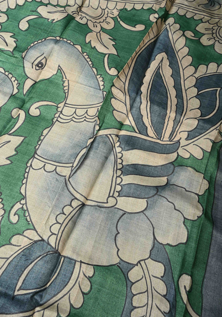 Green Tussar Silk saree with Kalamkari Digital Print and Green Pallu | SILK MARK CERTIFIED