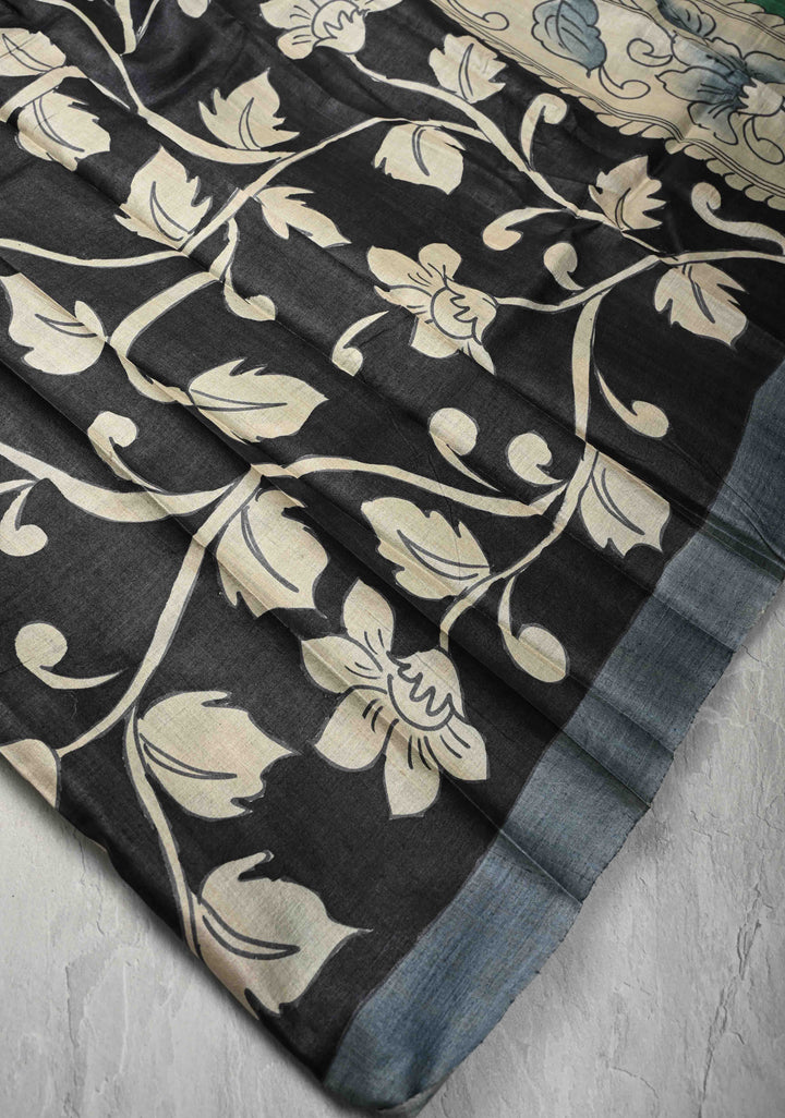 Green Tussar Silk saree with Kalamkari Digital Print and Green Pallu | SILK MARK CERTIFIED