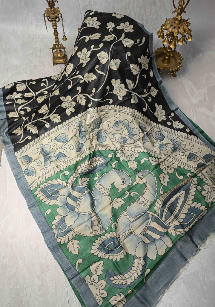 Green Tussar Silk saree with Kalamkari Digital Print and Green Pallu | SILK MARK CERTIFIED