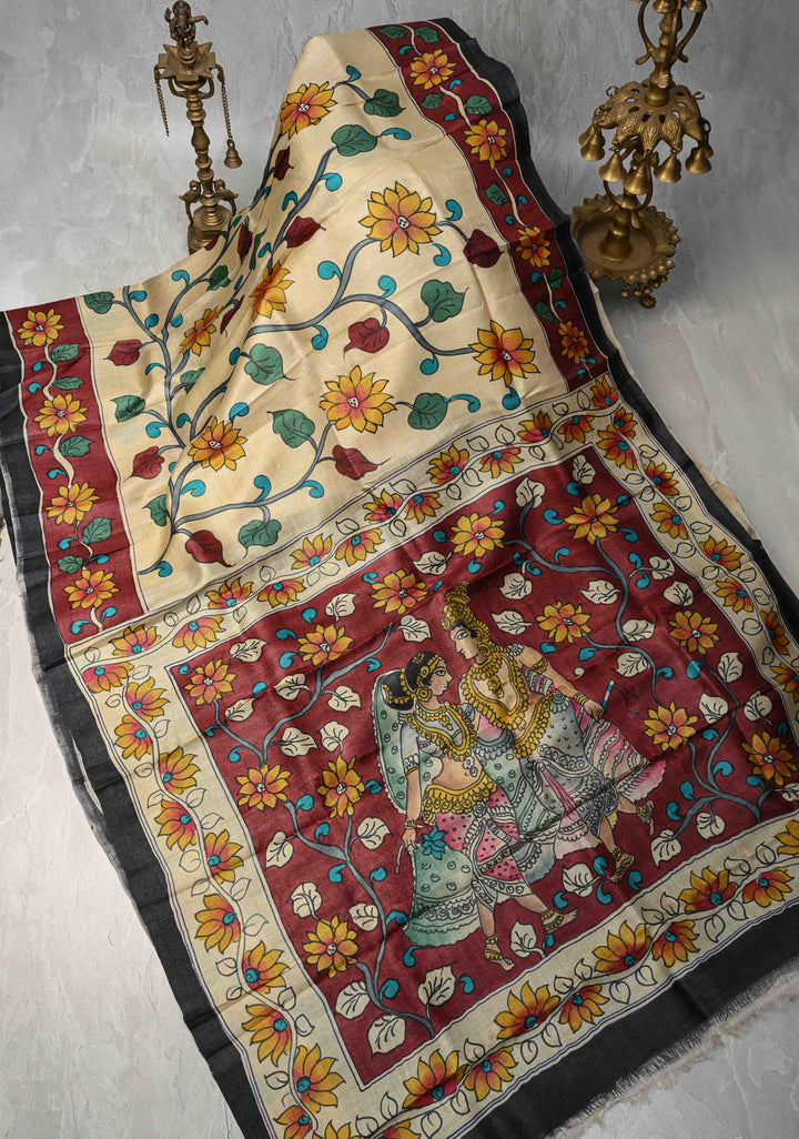 Beige Tussar Silk saree with Kalamkari Style Handpainting  and Nala Damayanti Pallu | SILK MARK CERTIFIED