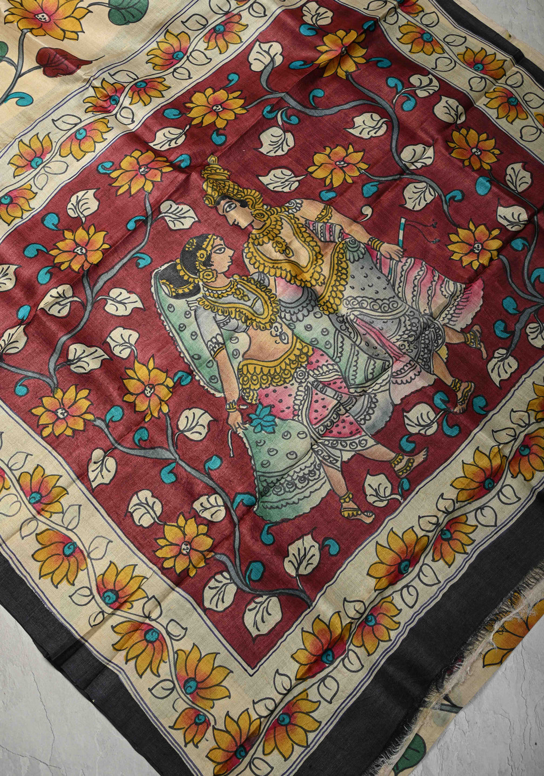 Beige Tussar Silk saree with Kalamkari Style Handpainting  and Nala Damayanti Pallu | SILK MARK CERTIFIED