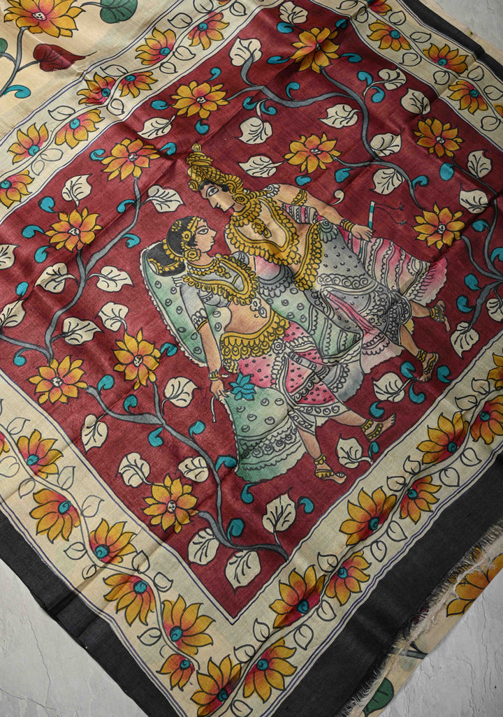 Beige Tussar Silk saree with Kalamkari Style Handpainting  and Nala Damayanti Pallu | SILK MARK CERTIFIED