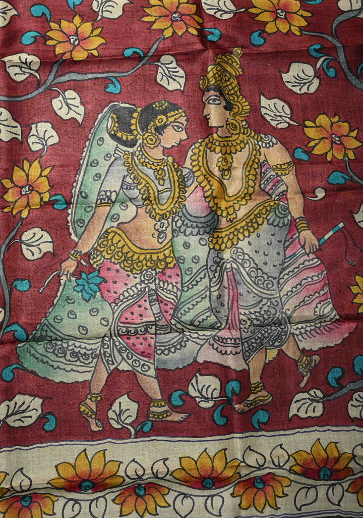 Beige Tussar Silk saree with Kalamkari Style Handpainting  and Nala Damayanti Pallu | SILK MARK CERTIFIED