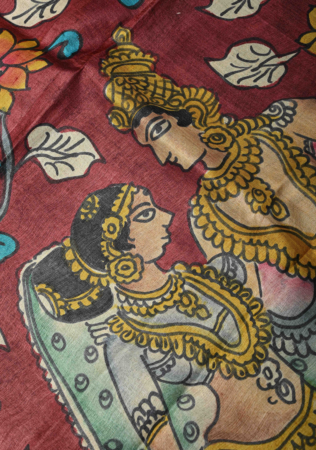 Beige Tussar Silk saree with Kalamkari Style Handpainting  and Nala Damayanti Pallu | SILK MARK CERTIFIED