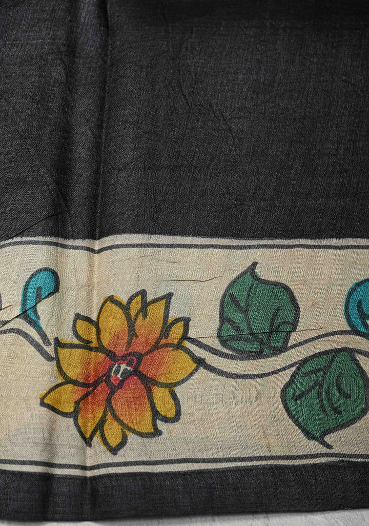 Beige Tussar Silk saree with Kalamkari Style Handpainting  and Nala Damayanti Pallu | SILK MARK CERTIFIED