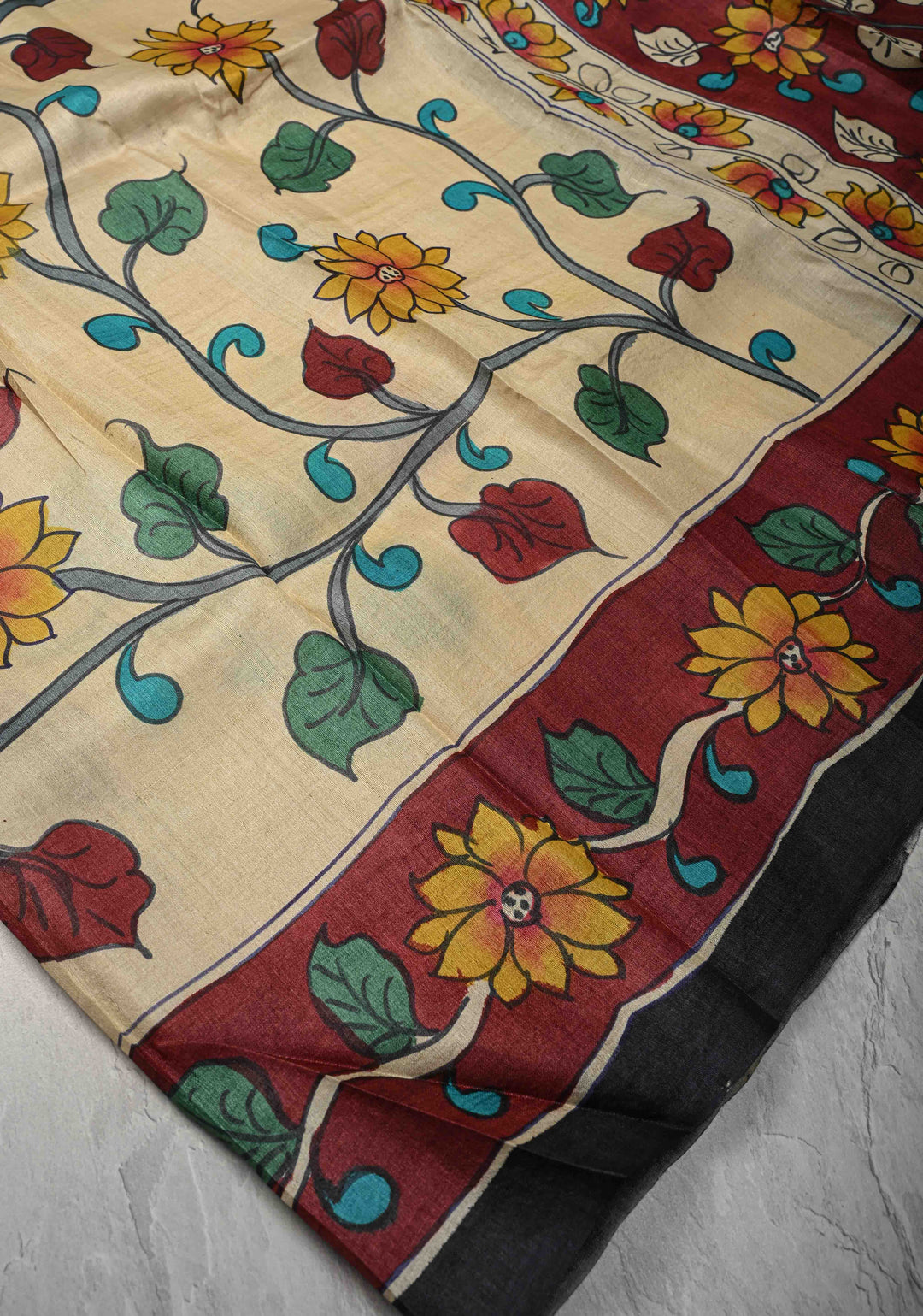 Beige Tussar Silk saree with Kalamkari Style Handpainting  and Nala Damayanti Pallu | SILK MARK CERTIFIED
