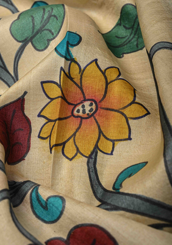 Beige Tussar Silk saree with Kalamkari Style Handpainting  and Nala Damayanti Pallu | SILK MARK CERTIFIED