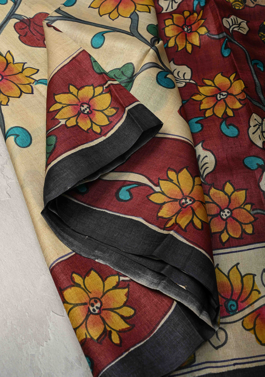 Beige Tussar Silk saree with Kalamkari Style Handpainting  and Nala Damayanti Pallu | SILK MARK CERTIFIED