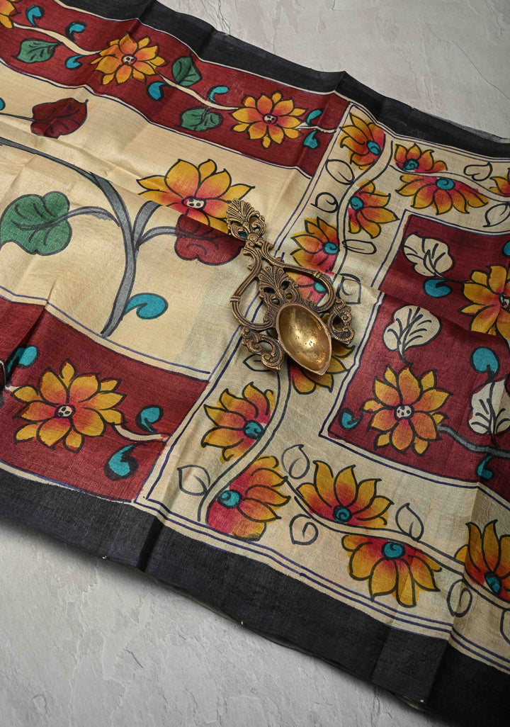 Beige Tussar Silk saree with Kalamkari Style Handpainting  and Nala Damayanti Pallu | SILK MARK CERTIFIED