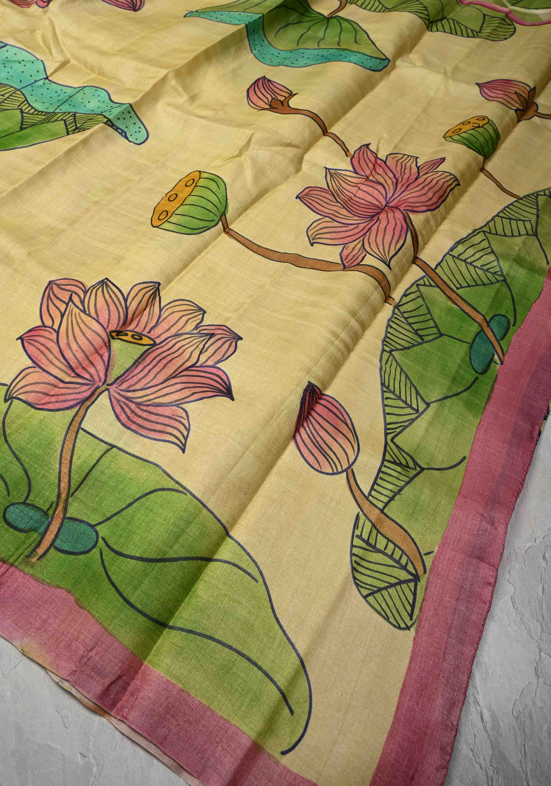 Yellowish Green  Tussar Silk saree with Kalamkari Handpainted | SILK MARK CERTIFIED