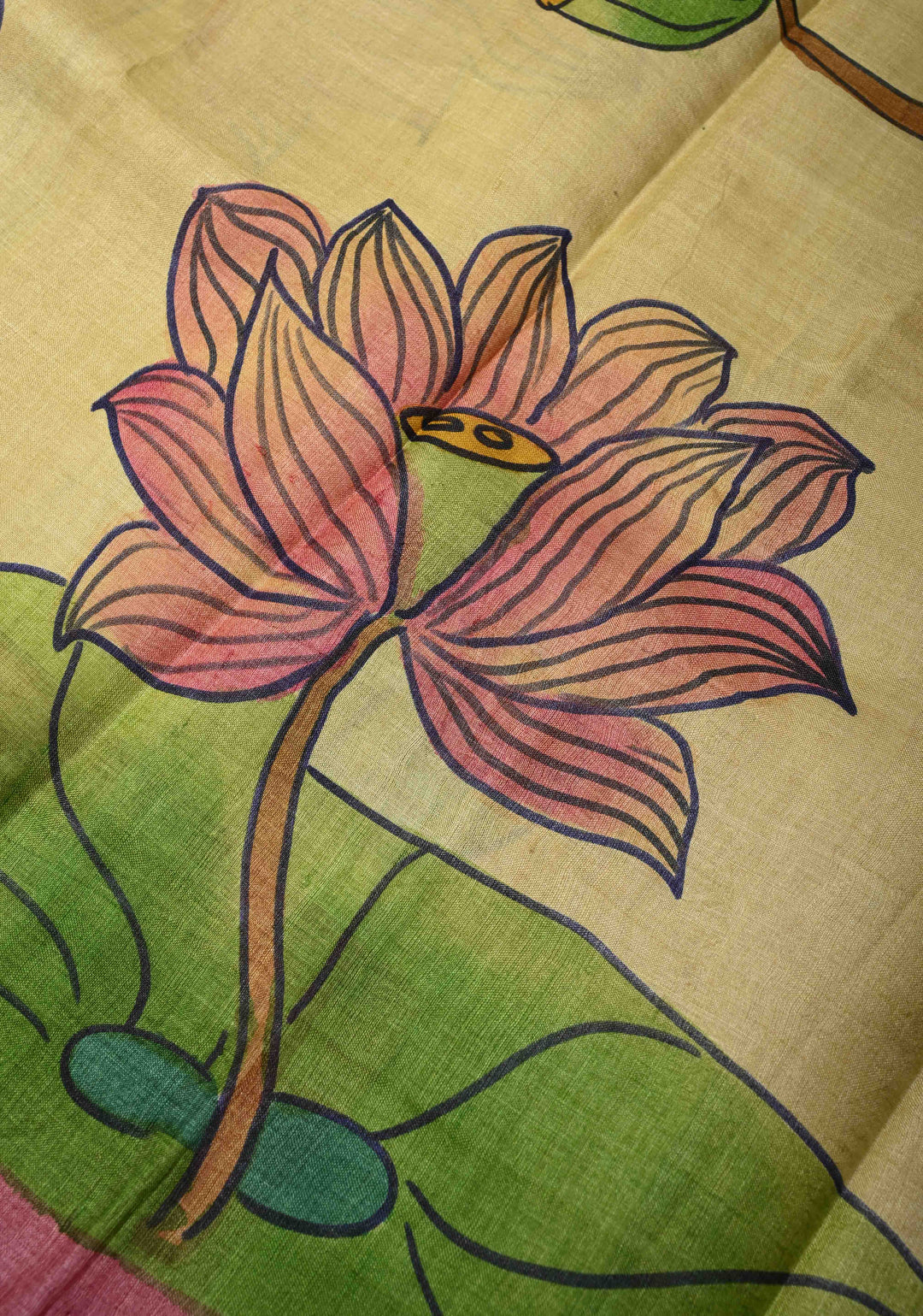 Yellowish Green  Tussar Silk saree with Kalamkari Handpainted | SILK MARK CERTIFIED