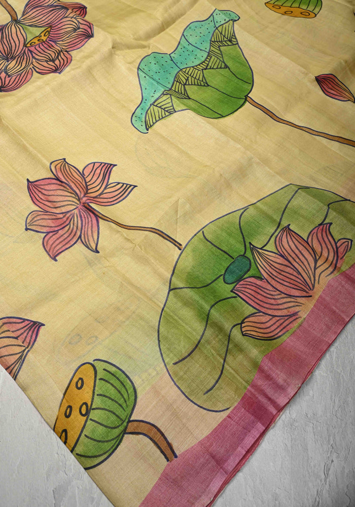 Yellowish Green  Tussar Silk saree with Kalamkari Handpainted | SILK MARK CERTIFIED