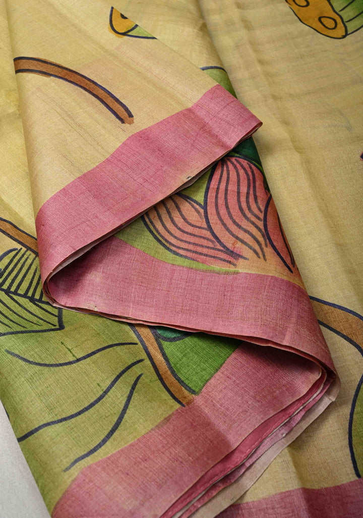 Yellowish Green  Tussar Silk saree with Kalamkari Handpainted | SILK MARK CERTIFIED