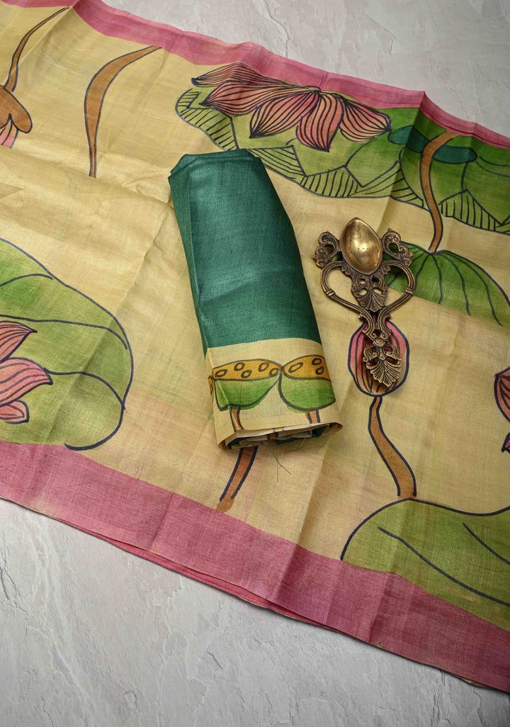 Yellowish Green  Tussar Silk saree with Kalamkari Handpainted | SILK MARK CERTIFIED