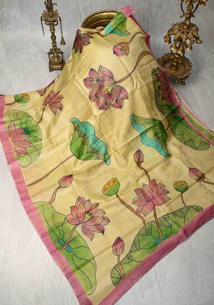 Yellowish Green  Tussar Silk saree with Kalamkari Handpainted | SILK MARK CERTIFIED