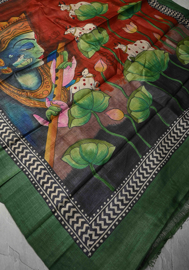 Brown Jari Tussar Silk saree with Ajrakh Design Block Print and Handpainted Krishna Face on Pallu | SILK MARK CERTIFIED