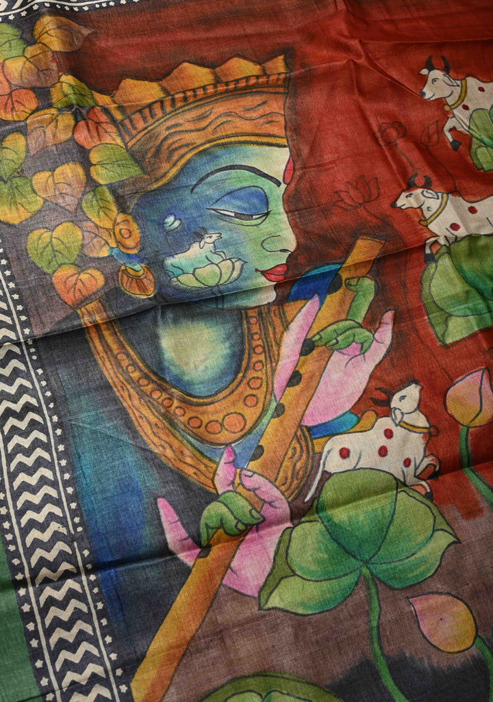 Brown Jari Tussar Silk saree with Ajrakh Design Block Print and Handpainted Krishna Face on Pallu | SILK MARK CERTIFIED